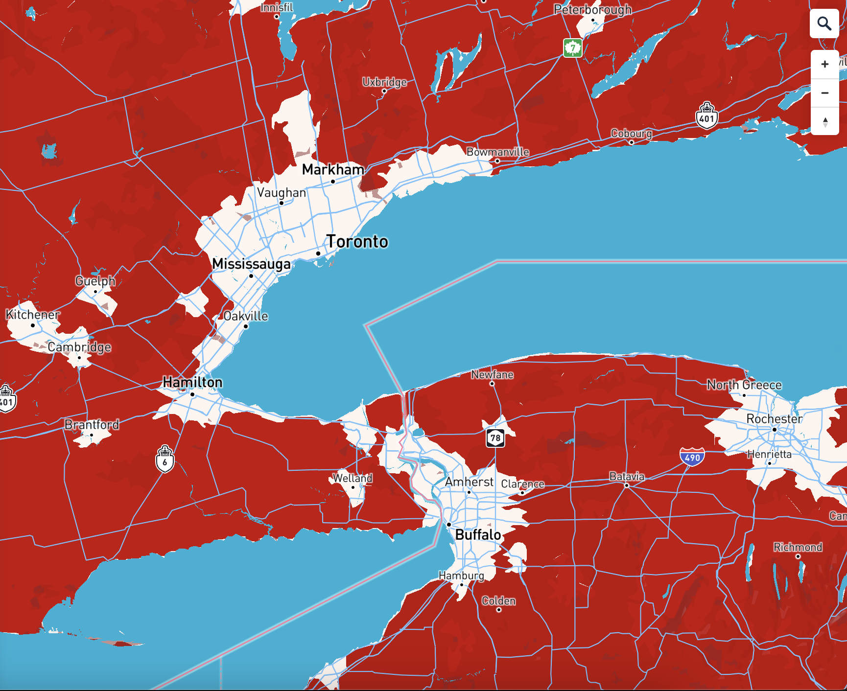 Red-Ground Blue-Lake Toronto Region: Changed the color relationship between Greenspace color and Water color.